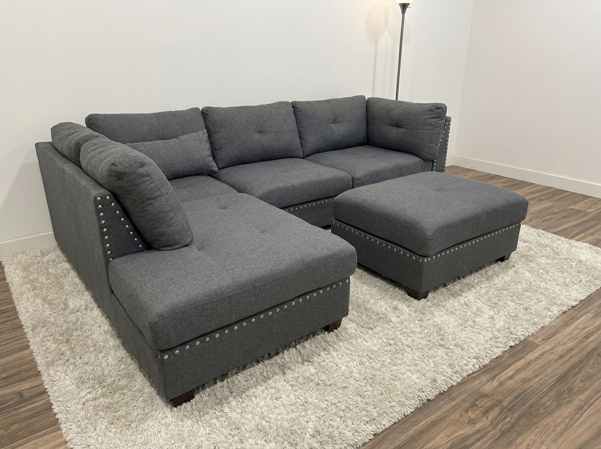 Grey Tufted Sectional Sofa with Ottoman (Pre-Owned)