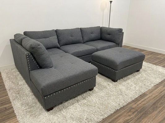Grey Tufted Sectional Sofa with Ottoman (Pre-Owned)