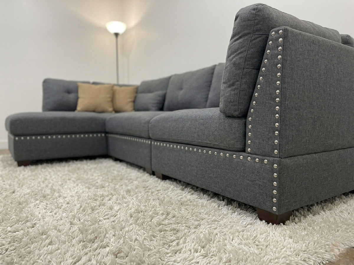 Grey Tufted Sectional Sofa with Ottoman (Pre-Owned)