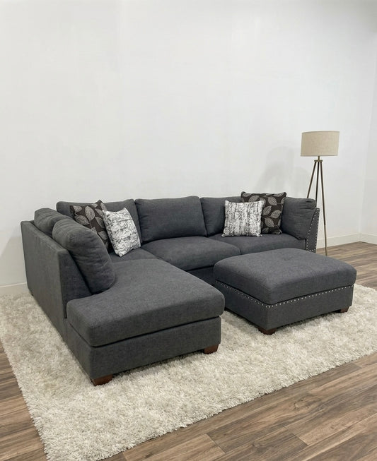 Grey Tufted Sectional Sofa with Ottoman (Pre-Owned)